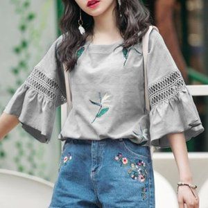 Bell-Sleeve Floral Embroidered Shirt